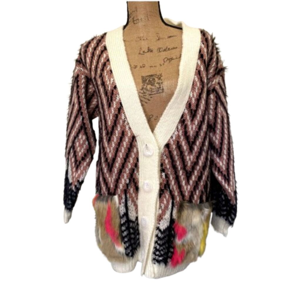 NWT Nylon Apparel Button‎ Front Cardigan Fuzzy Multicolor Fur Pockets Size S/M